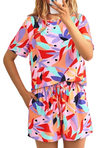PRETTYGARDEN 2024 Hawaiian Two Piece Outfit Short Sleeve Crewneck Cute Tops and Shorts Lounge Sets for Women 2 Piece Set (F-Multicolored B,Large)