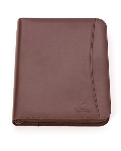 Professional Executive Business Padfolio Portfolio Case - PU Leather Resume & Document Organizer with 4 Ring Binder, 10.1 Inch Tablet Sleeve, Zipper, Premium Paper Pad – Almond Brown