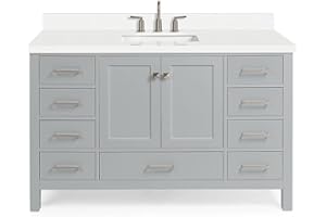 ARIEL 55" Grey Bathroom Vanity with 1.5" Edge Pure White Quartz Countertop & Backsplash, Center Rectangular Sink, 2 Soft Closing Doors, 9 Full Extension Dovetail Drawers, Brushed Nickel