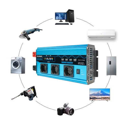 Yinleader Converter 12v 220v Pure Sine 3000W/6000W Pure Sine Inverter 3 European Sockets and 4 USB Ports LCD Voltage Display (with Remote Control)