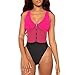 Women High Cut Monokini Bikini – Ladies V Neck Mesh Patchwork One Piece Swimsuit with Front Zipper Beachwearthumb 1