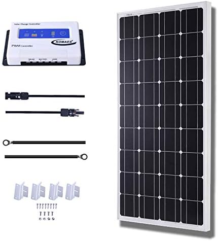 KOMAES 100 Watts 12Volts Monocrystalline Solar Panel Kit with 20Amp PWM Solar Charge Controller, 20ft Tray Cable, 20ft MC4 Cable, Z Brackets for RVs,Trailers,Boats,Sheds,Cabins