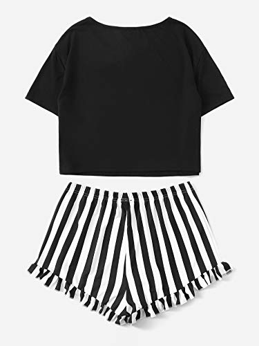 DIDK-Damen-Kurz-Schlafanzug-mit-Slogan-Pyjama-Set-Streifenhose-Hausanzug-Sommer-Sleepwear