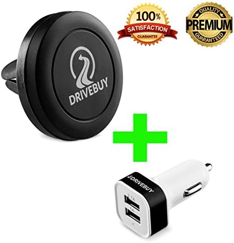 DriveBuy Sturdy and Convenient Universal 360 Swivel Air Vent Magnetic Car Phone Holder with Bonus Dual Amperage USB Charger, For All Cars and Trucks, 2x Mounting Plates, Extended 60 Day Guarantee