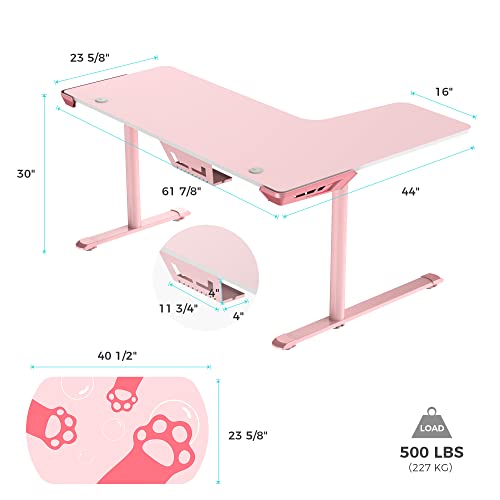 EUREKA ERGONOMIC L60 Corner Gaming Desk, LShape Pink Gaming Computer Desk Home Office Writing