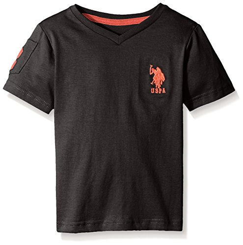 U.S. Polo Assn. Little Boys' Solid V-neck T-shirt with Large Embroidered Logo, Black Heather, 5/6