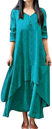 Clearance!Connia Women Cotton Linen Boho Maxi Irregular Overlapp Dress Fall Elegant Casual Button Daily Loose Dresses