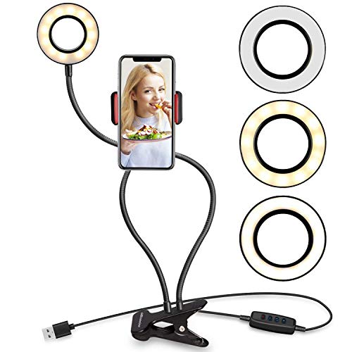 Milemont Selfie Ring Light with Cell Phone Holder Stand Flexible Arms, LED Camera Lighting for Live Stream/Makeup, Fits with iPhone, Android, 3 Light Colors 10 Level Brightness