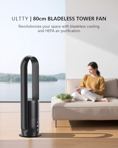 U ULTTY Bladeless Tower Fan and Air Purifier in one, Quiet Tower Fan with Remote, Touch, 9 Speeds, 8H Timer, HEPA Filter 99.97%, 90° Oscillation Fans, Floor Fans Powerful for Home Office Room, Black