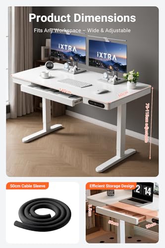 IXTRA Standing Desk with Drawer 140x60cm Whole Piece Tabletop Electric Standing Desk Height Adjustable Desk with USB Charging Ports Sit Stand Desk with Storage for Home & Office White