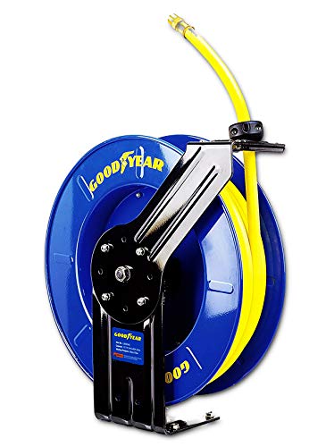 GOODYEAR Air/Water Hose Reel Retractable Spring Driven 1/2" Inch x 65' Feet Extra Long Premium Commercial SBR Hose Max 300 Psi Reinforced Steel Construction Heavy Duty Industrial Single Arm & Base