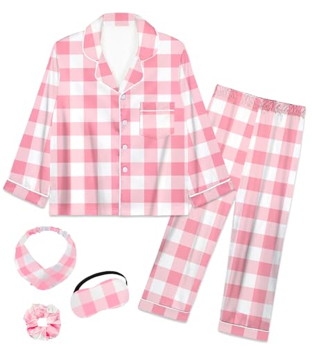 EPLAZA 2Pcs Kids Satin Pajamas Sets Girls Silk Pajamas Button-Down Pjs Set (Pink-white plaid, 140) at Amazon