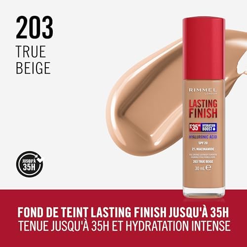 London Lasting Finish jusqu'à 35h, 203 True Beige, fond de teint, longue tenue, hydratant, formule vegan, couvrance totale, 30 ml