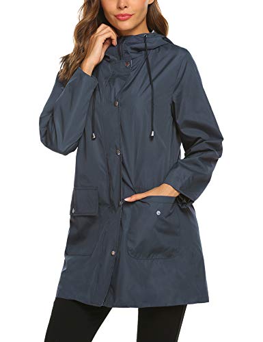 SUNAELIA Rain Jacket Women Waterproof with Stripe Liner Hood Lightweight Raincoat Outdoor Windbreaker Trench Coat S-XXL Navy Blue - Thumbnail 7