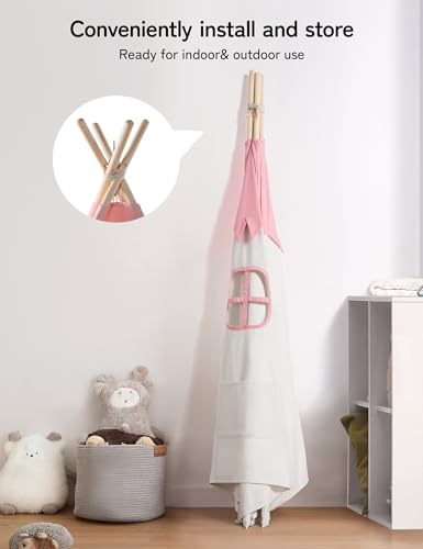 besrey Children's Play Tent Indian Canvas Teepee Cotton with Padded Mat and Fairy Lights (Pink and White)