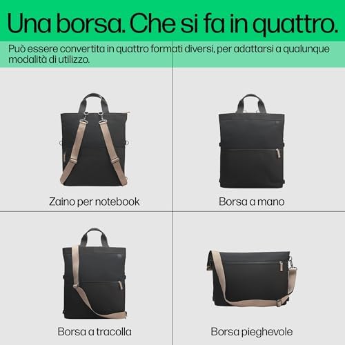 Borsa-Zaino Convertibile in Tracolla, Adatta per PC fino a 14,1" di Diagonale, Creata con Plastica Riciclata, Tasca dotata di Blocco RFID, Resistente all'Acqua, 18 L, Nera