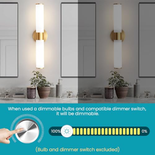 Vaziden Lámparas de baño doradas, luces de tocador para espejo con pantalla de vidrio lechoso, apliques de pared de 50.8 cm arriba y abajo para baño, dormitorio, sala de estar, pasillo - Bombilla no