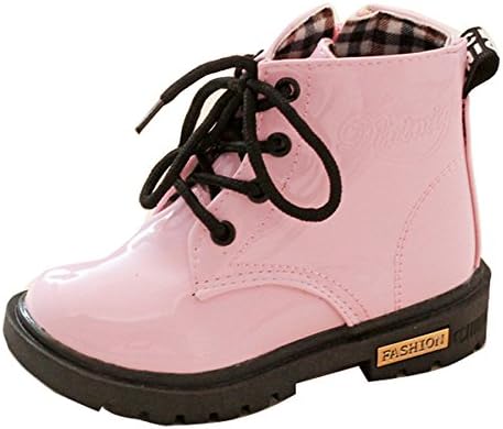 Baby Boy Girl Kids Children Ankle Biker Martin Boots Lace-up Patent Waterproof Boots