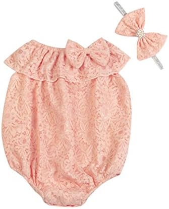 Hwafan Baby Girls Princess Lace Bowknot Bodysuits Rompers Photograph Jumpsuits With Headband Peach 0-6 Months