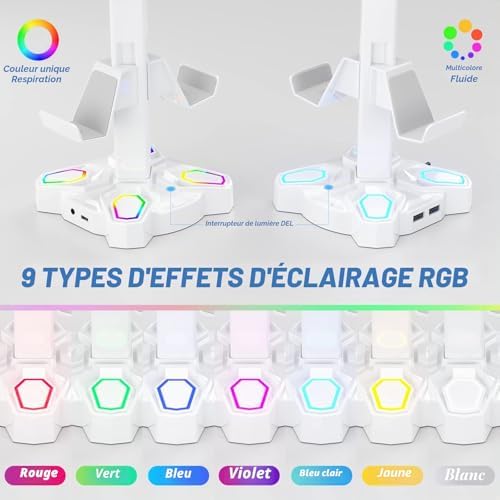 Support Casque Gamer, Porte Casque Rotatif avec 9 Modes de Lumière, Support Manette avec 2 Ports USB, Port 3.5 mm et Type C, Repose Casque & Porte Manette pour PS5 PS4 Xbox Series X One; Blanc