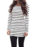 Myobe Women's Casual Rayon Striped O Neck Long Sleeve Bottom T-Shirt Blouse Tops White Black