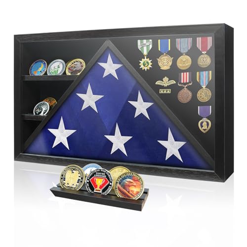 Photo 1 of Flag Box Display Case for Small American Flag, Wooden 3’ x 5’ Military Flag Frames with HD Tempered Glass and Wall Mounted, Flag Shadow Box for Badges Medals, and Coins (Not for Burial Flag)