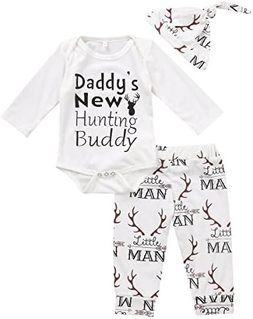 Baby Boy Girl Suit For Baby Shower Deer Print Long Sleeve Romper+Long Pants+Hat (6-12months, White&Daddy's New pattern)