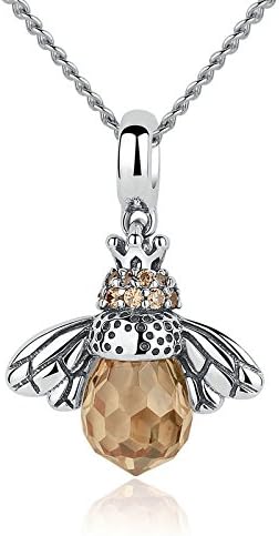 JustM Genuine 925 Sterling Silver Cute Honey Bee Yellow Crystal Charm Pendant for Women, NO Chain