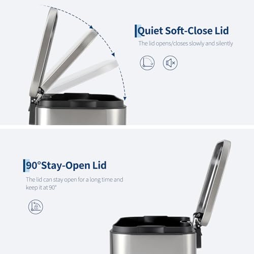 12L Stainless Steel Trash Can for Kitchen, Office, Bathroom – Rectangular, Soft-Close Lid, Foot Pedal, Removable Bucket, Fingerprint-Proof, Space-Saving,Silver