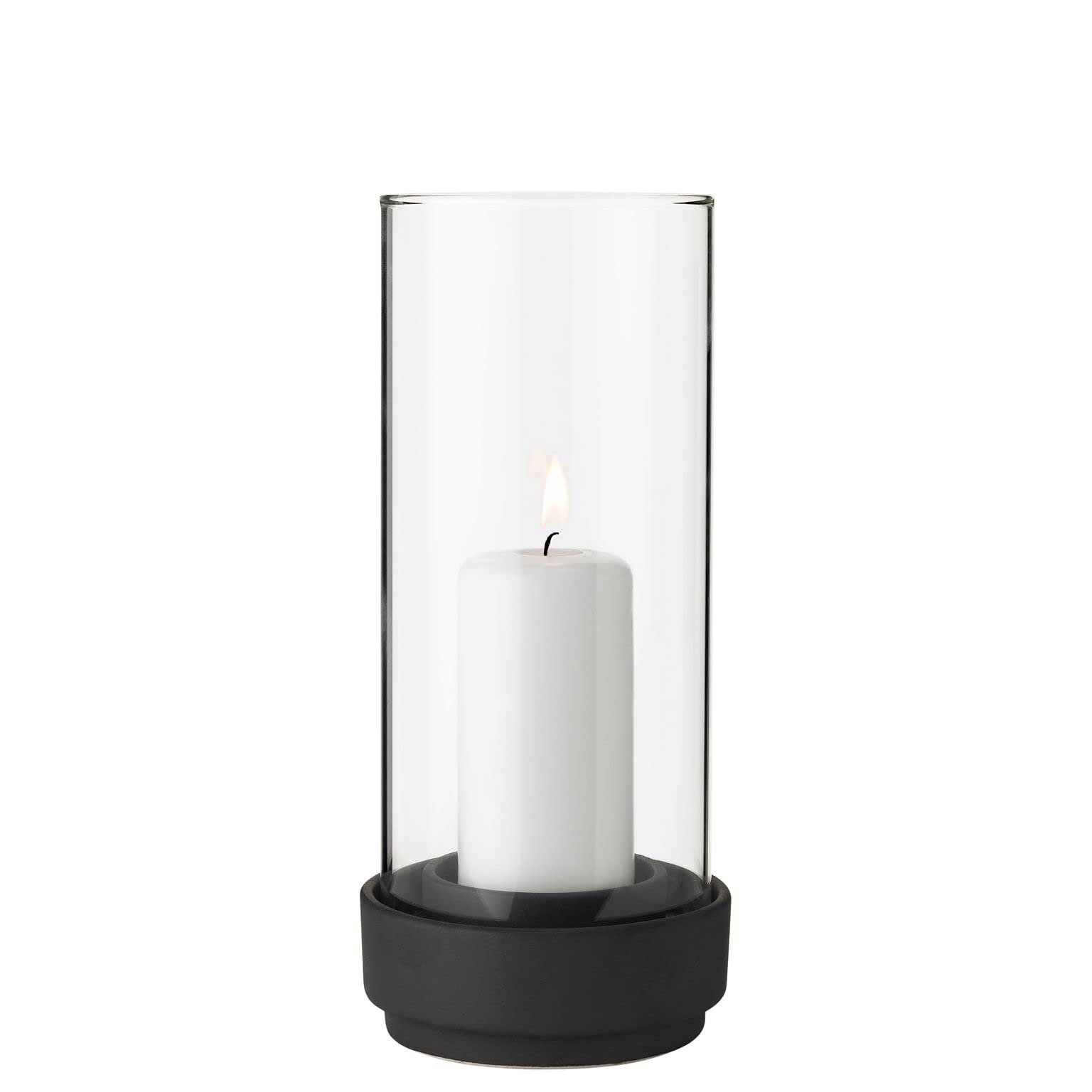 Stelton Indoor & Outdoor Candle Holder - Hurricane Lantern (Small, Black, Glass, Stoneware Base, Weatherproof, Tealight & Pillar Candles)