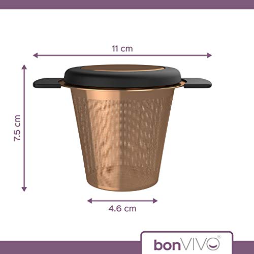bonVIVO Puri Stainless Steel Tea Infusers for Loose Tea, Tea Strainer for Teapots or Cups, & Functional, Copper-look Mesh Tea Maker Filter with Black Lid