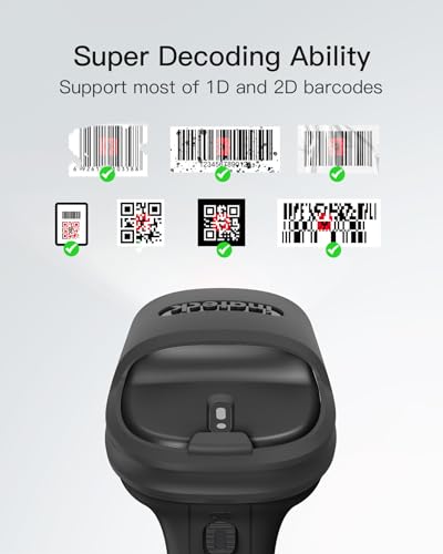 Inateck Lettore Codici a Barre 2D Wireless, Scanner QR Bluetooth Robusto e Resistente a Cadute 1.8m, Batteria 2600mAh, 180 Giorni di Standby, Raggio 35m, Supporto App Config & SDK, per Magazzino