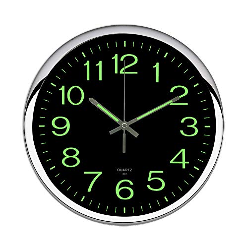 OCEST Wall Clock, 12 Inch Silent Non-Ticking Quartz Wall Clock with Night Light Large Display Battery Operated for Indoor Kitchen Office Bathroom Living Room Garage(Silver)