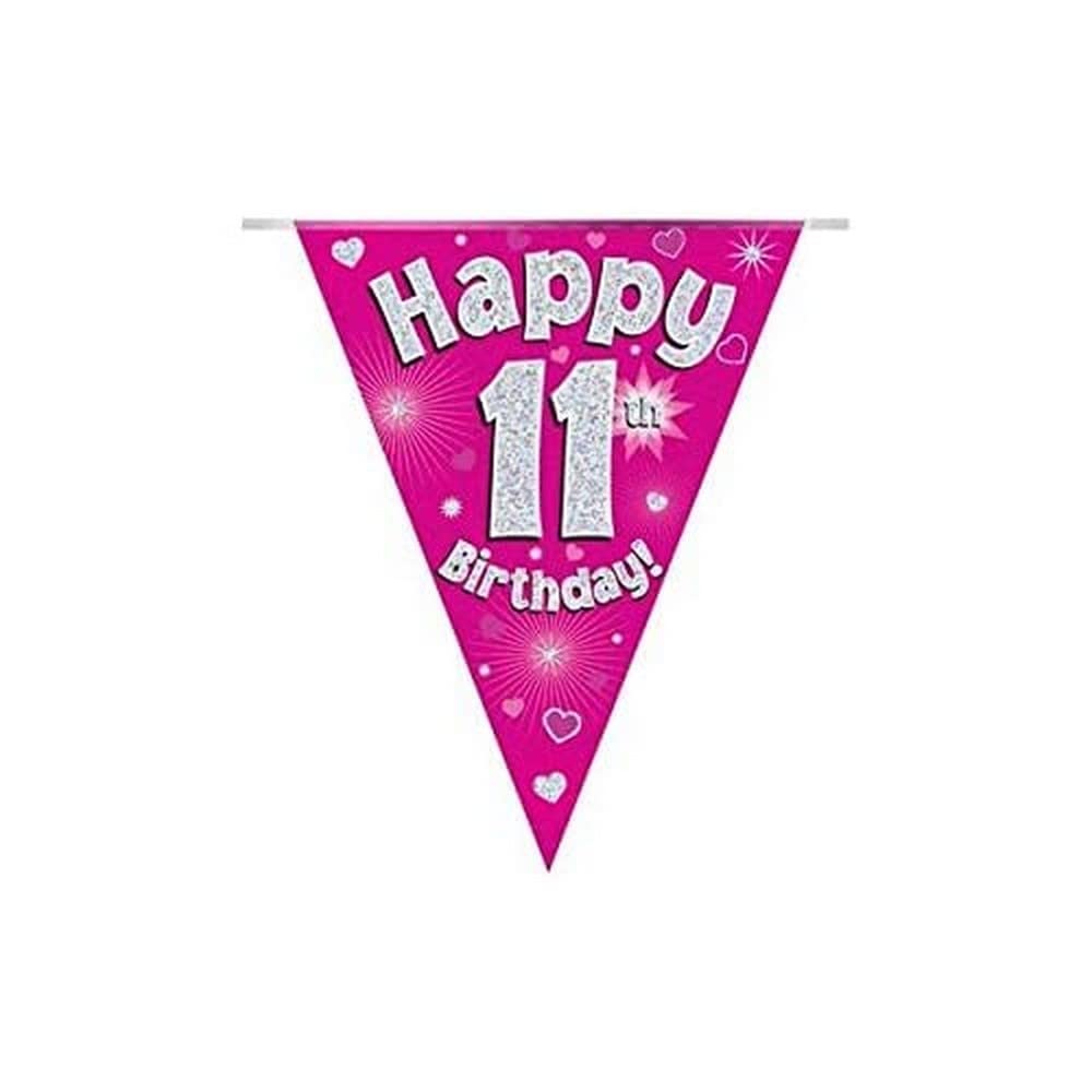 Party Bunting Happy 11th Birthday Pink Holographic 11 flags 3.9m