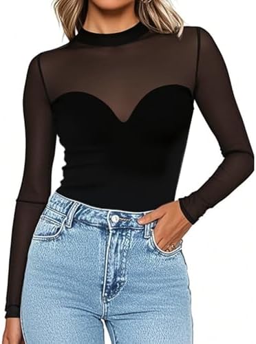 Zeagoo Womens Mesh Sheer Long Sleeve Top Mock Turtle Neck See