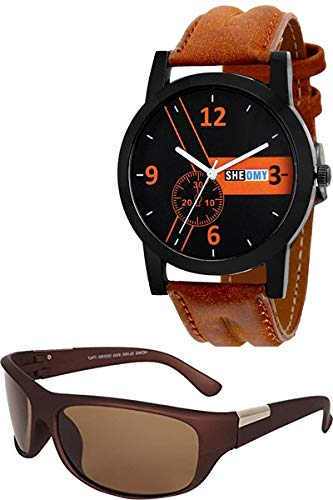 Sheomy Sunglasses and Watch Combo For Men Latest Metal analogue quartz Black and Brown Dial Watches Business/Office/Party Wear Fashion Watch Mens Man Gents boys (3IN1 - Brown Watch Wrap - 001)