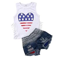 GOOMEMOO 4th of July Baby Girl Outfit, Toddler Kids Sleeveless Tassel T-Shirt Tank Tops+Ripped Denim Shorts Set