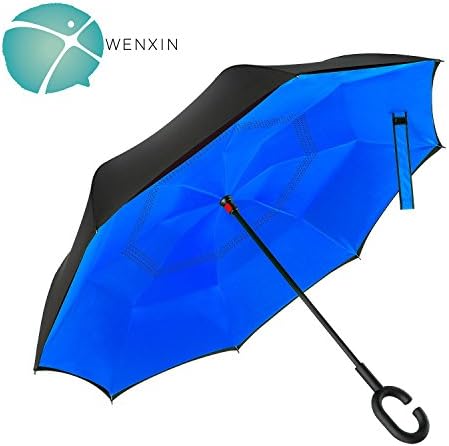 WENXIN Double Layer Inverted Umbrella with UV Protection, C-hook Reverse Folding Umbrella, Windproof for Hands Free, for Car Use, Golf, Large (Sapphire Blue)