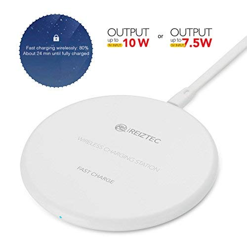 iREIZTEC Wireless Charger Pad, 7.5W Fast Wireless Charger for iPhone X 8 8 plus, 10W Fast Wireless Charger for Galaxy S9 S8 S7 S6 Edge Plus Note 8, and other Qi-enabled devices, no AC Adapter (White)