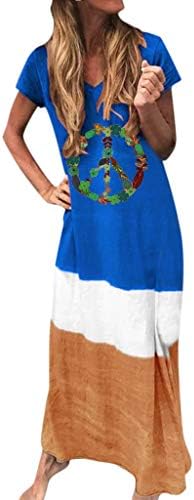 TIMEMEAN Women Printing Color Block Loose V Neck Dress Short Sleeve Maxi Dress