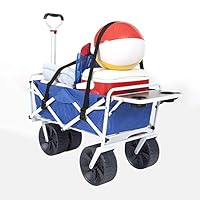 Mac Sports Collapsible Folding Beach Wagon with Side Table, Straps and Big Wheels Bundle | Holds 150lbs, Foldable Sand Cart, All-Terrain Utility Cart, Fold-Up Carts for Garden and Sports | Blue/White