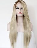K'ryssma Fashion Ombre Blonde Glueless Lace Front Wigs 2 Tone Color Light Brown Roots #12 Side Part Long Natural Straight Heat Resistant Synthetic Hair Replacement Wig For Women Half Hand Tied