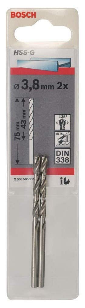 Bosch Professional 2x Metal drill bits HSS-G DIN 338 (for metal, Ø 3.8 x 43 x 75 mm, Accessory Drill Driver)