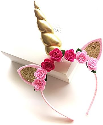 Sunrisee Unicorn Horn Headband Flowers Ears Headbands for Party Decoration or Cosplay Costume, Gold