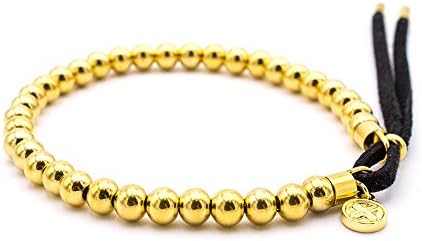 UNISEX BEADED BRACELET BY ELECTRIC FAMILY - 316 STAINLESS STEEL GOLD COLORED BEADED BRACELET WITH 100% ADJUSTABLE GENUINE BLACK LEATHER STRAP AND CLOSURE RING