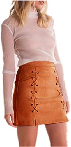 Women's Classic High Waist Lace Up Bodycon Faux Suede A Line Mini Pencil Skirt