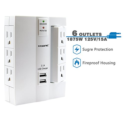 Wall Tap Surge Protector, Kasonic Top Power Strip 6 Power Outlets Plus 2 USB Ports Portable Wall-Mount Socket, Best Power Surge Protection Smart Charging for Home and Office (2 PACK)