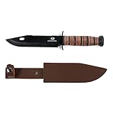 MOSSY OAK 12-inch Fixed Blade Marine Corp Fighting Serrated Knife Handle Covered by Leather with Leather Sheath