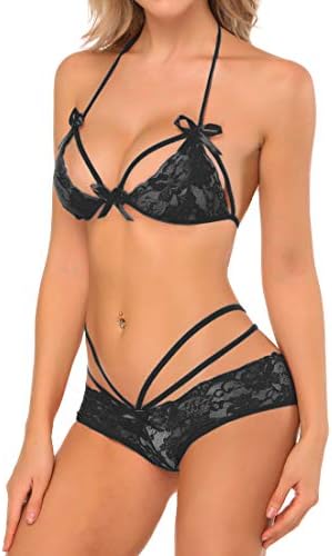Womens Bridal Lingerie Lace Floral Babydoll Stretch Strappy Set with Cute Bowknot Mesh Thong