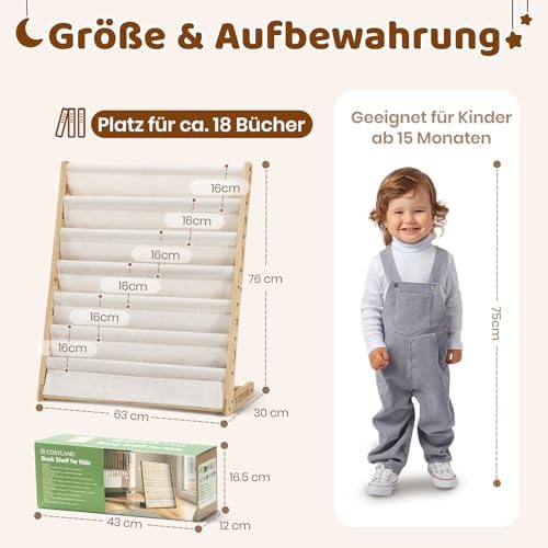 Bücherregal Kinder mit 6 Oxford-Stoff Fächern - Kinderbücherregal aus Naturholz - Bücherregal Kinderzimmer mit abgerundeten Ecken & platzsparend 63L x 30B x 76H cm（Naturholzfarbe
